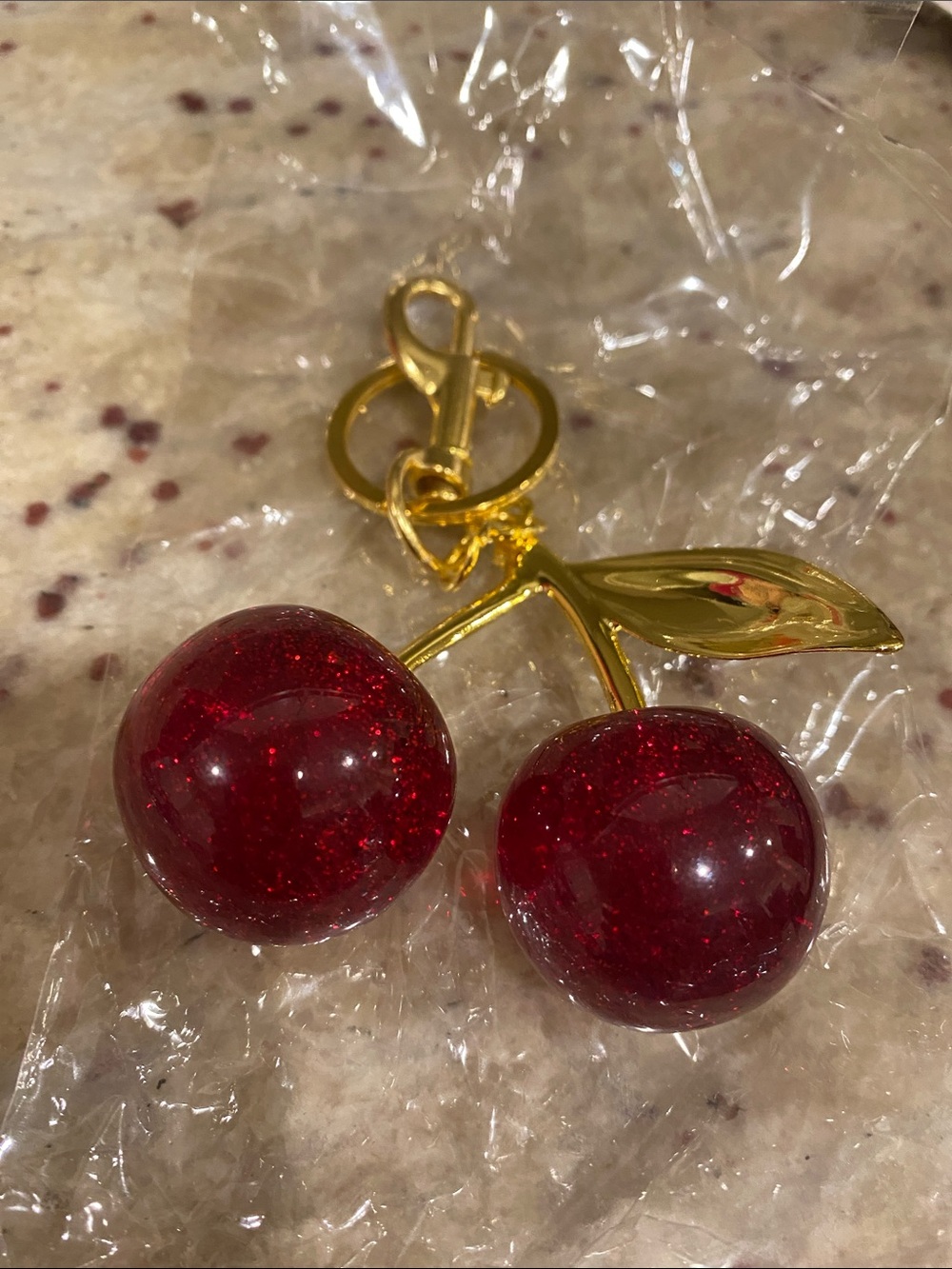 Large Gold-Tone Cherry Pendant Keychain with Red Glitter Spheres